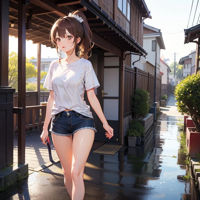 Girl, short tight shorts , Unbuttoned shirt on a naked body, Bare breasts, chest visible, street  background, Narrow passage between houses, night, rain, slim body, In full growth, Sneakers,