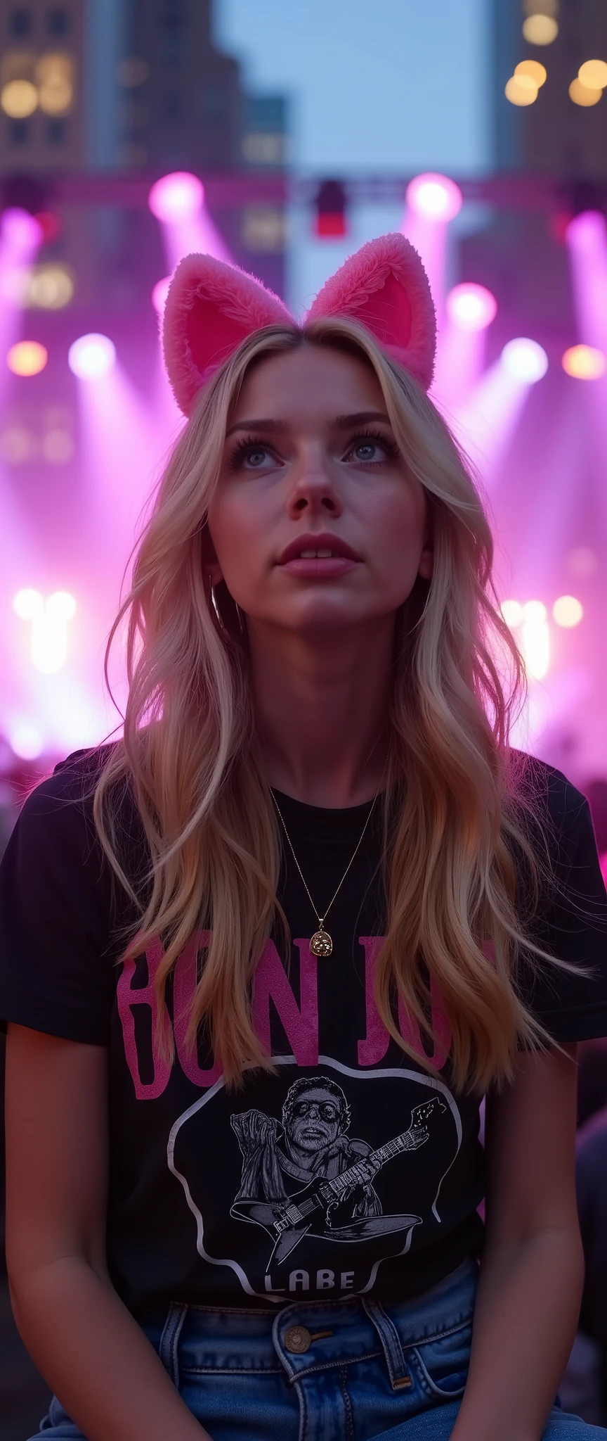high res images、Attractive Young Woman、cute face、 watching Bon Jovi's live 、 Bon Jovi t-shirt 、 denim pants style 、 facial details 、 (watching Bon Jovi concert with pink cat ears) 、 Full body high resolution 、 Rockefeller Square 、 light hits beautiful blonde hair