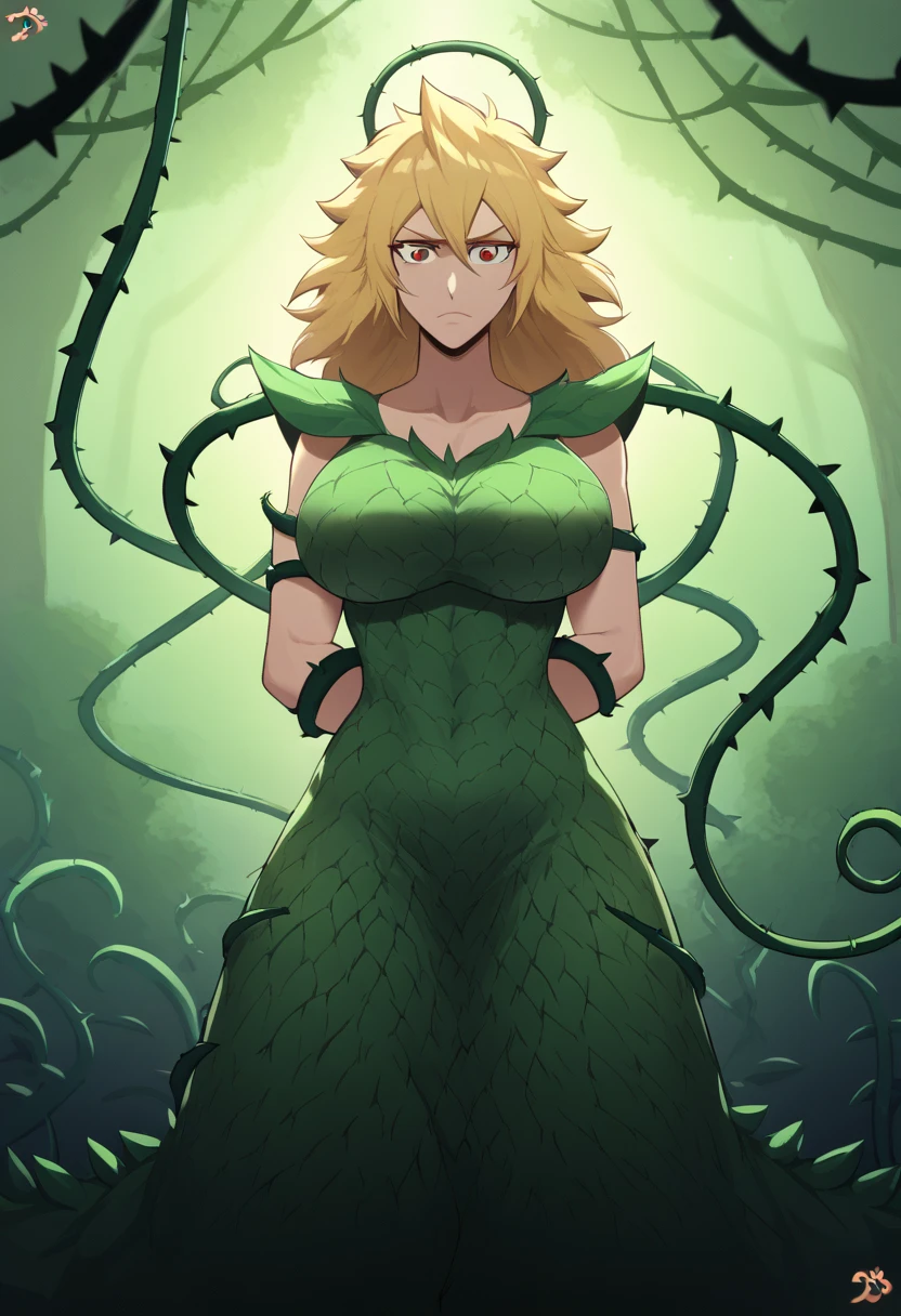 Lamia、The lower half of the body is that of a snake.、Female with a human upper body、Beautiful Hair、Deep in the forest、Golden Eyes、8K