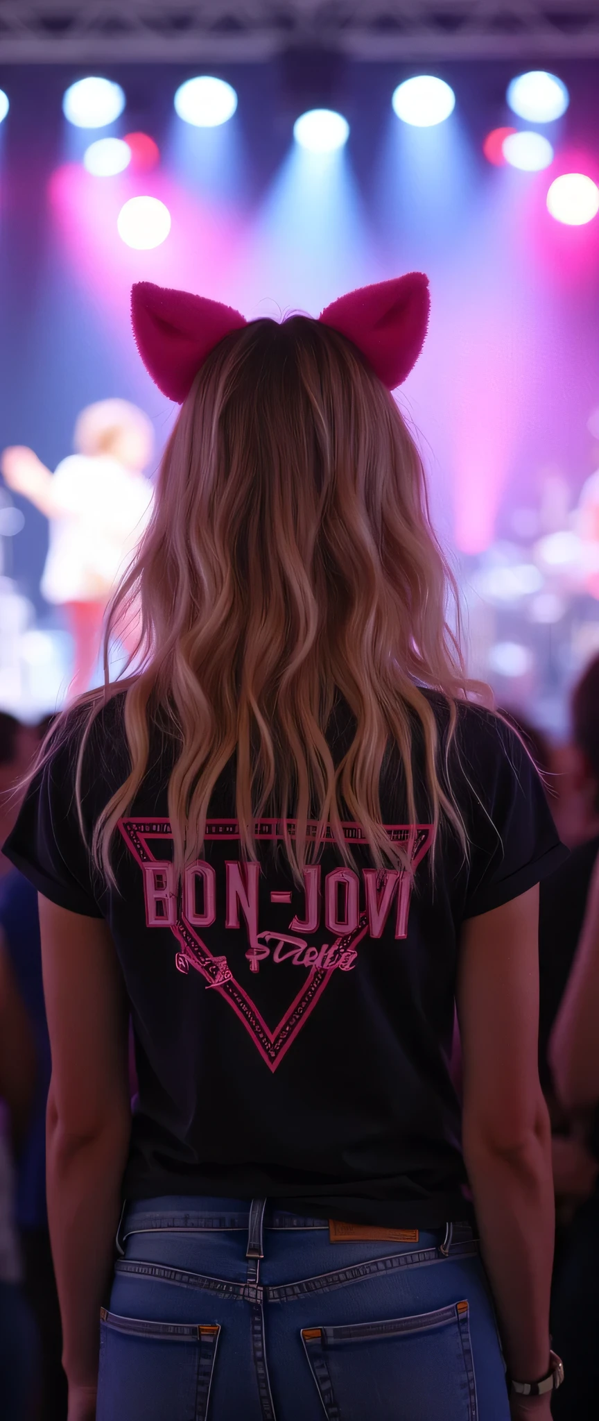high res images、Attractive Young Woman、cute face、 watching Bon Jovi's live 、 Bon Jovi t-shirt 、 denim pants style 、 facial details 、 (watching Bon Jovi concert with pink cat ears) 、 Full body high resolution 、 Rockefeller Square 、 light hits beautiful blonde hair