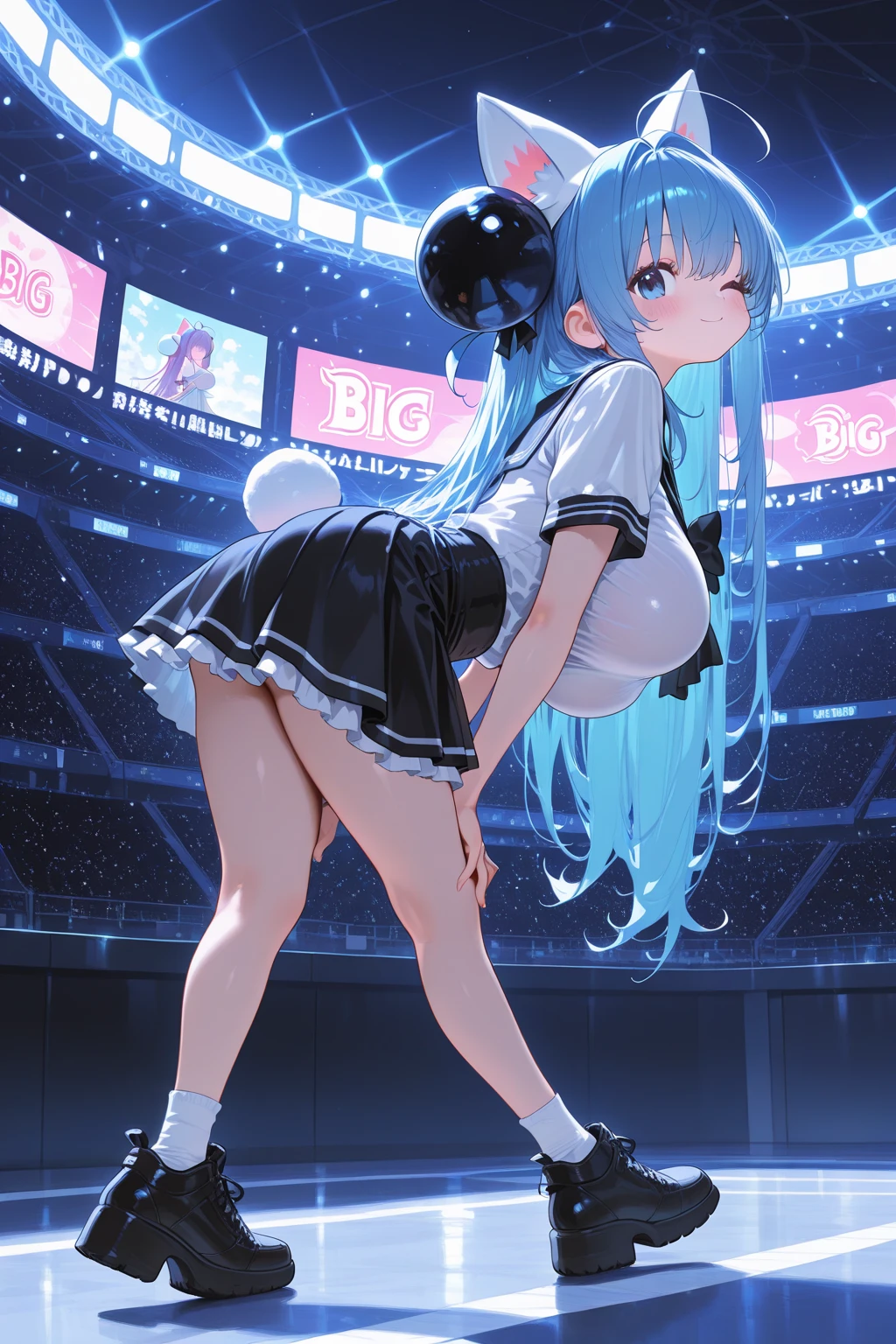 (masterpiece), (best quality), (ultra-detailed), (depth of field), (super animetic illustration), (4k), multiple girl, cute idol, ((1girl, (white swimsuit:1.3), bow tie, dragon girl, fishnet tights, enamel high heels)), Goodbye Year of the dragon, Let's sing and dance grandly and say goodbye!, launch , countdown festival, background:rabbit girls dancing, dance hall, mirror ball, shining lights, colorful lights, more_details:-1, more_details:0, more_details:0.5, more_details:1, more_details:1.5, blush stickers, sidelocks, blue hair, short hair