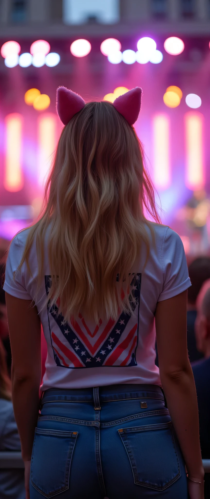 high res images、Attractive Young Woman、cute face、 watching Bon Jovi's live 、 Bon Jovi t-shirt 、 denim pants style 、 facial details 、 (watching Bon Jovi concert with pink cat ears) 、 Full body high resolution 、 Rockefeller Square 、 light hits beautiful blonde hair
