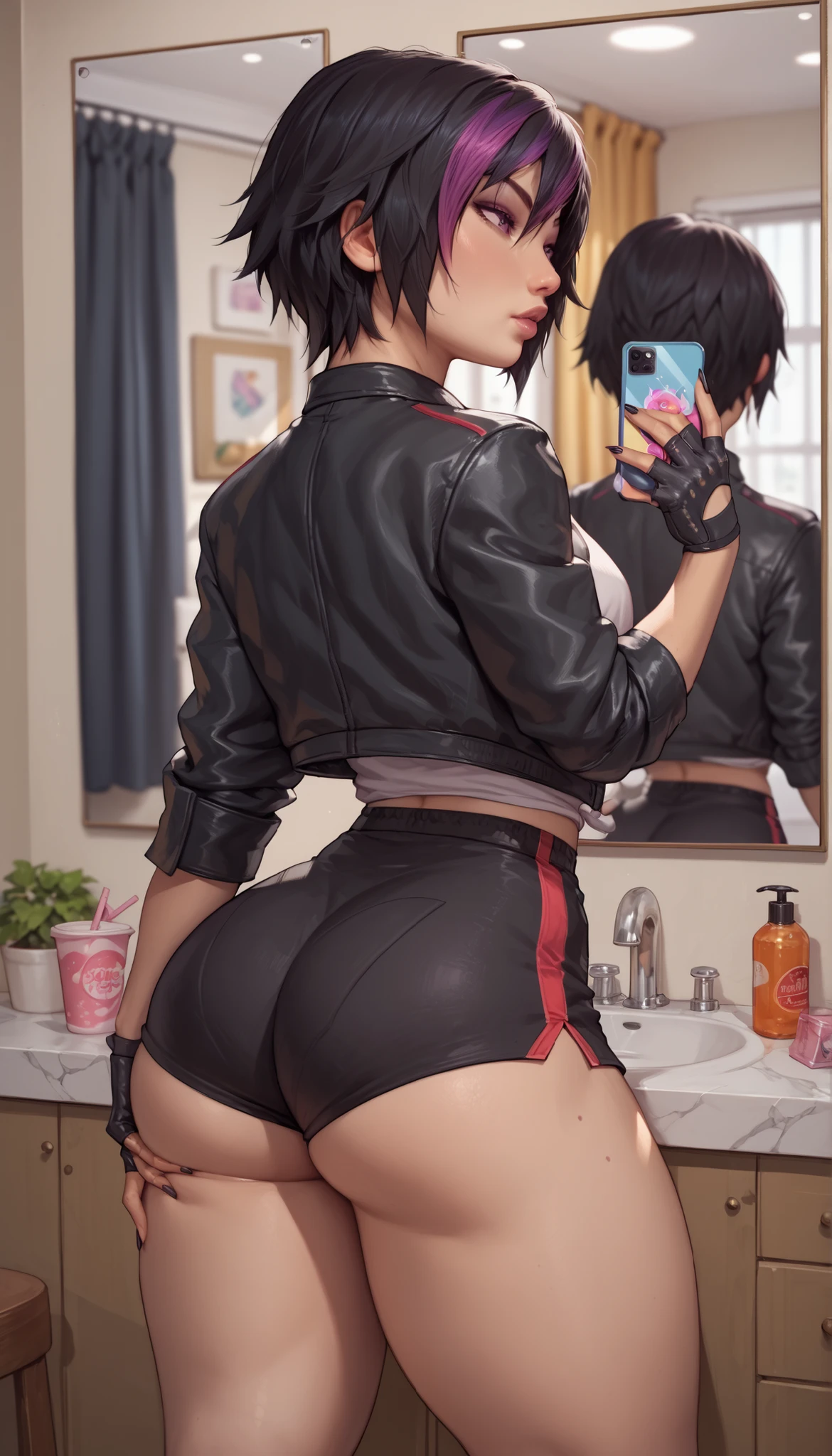 (best quality,4k,8k,high resolution,masterpiece:1.2),Super detailed,(actual,realistically,realistically:1.37), Ultra high definition face, One of them was wearing a black tights、Close-up of woman wearing furry hat, black jumpsuit, It's so stunningly beautiful, big booty, Thin waist, thick hips, Tik, , Crazy expansion, Crazy expansion臀部, Buttock augmentation surgery, Buttocks, round, plump buttocks, Pelvis larger than shoulder blades, fitness model, rosy cheeks, respite