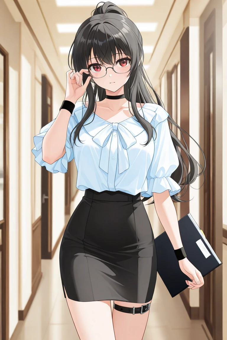 Wearing glasses、long black hair、Putting hands on glasses、serious faces、White shirt、Black short skirt、Up Girls、facing front、perfect hand、large full breasts、Brown eyes、