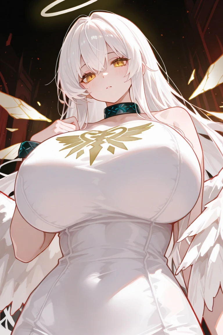 An 18 year old female angel with long, white hair, yellow eyes, white cat ears, and large white angel wings. yellow halo ring round white glasses (White evening dress, sexy long skirt) hand touching lips