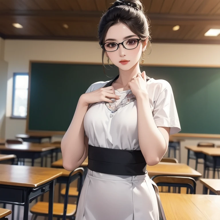 Woman standing in front of the blackboard on the podium, there is a blackboard behind her, Cai Xukun, student, teacher, whole body fairy, in the classroom, as a strict school teacher), standing in the classroom, Xian Xia, Cheng Yanjun, Ye Wenfei, handsome girl, art student, tall children EMO art student, Korean girl, HD picture quality, 4K picture quality, knitwear, H cup, straight chest shape, soft light, clear hair lines, clear lines, enhanced contours, clear contours of facial light and shadow, clothing texture, character details picture quality enhancement