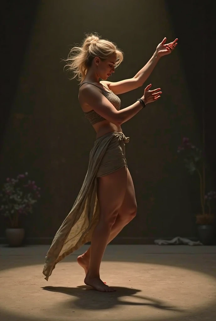 woman dancing barefoot, slave outfit, full body, illustration, color, bob haircut, barefoot, Jordan grimmer and Greg rutkowski, small breasts, blonde hair ponytail, cave background, watching berserker, hyperrealism, strong impressionist painting style, 1,618, elegant, ethereal, intricate, elaborate, hyper-realism, hyper-detailed, strong expressiveness and emotionality, cinematic lighting, visual clarity