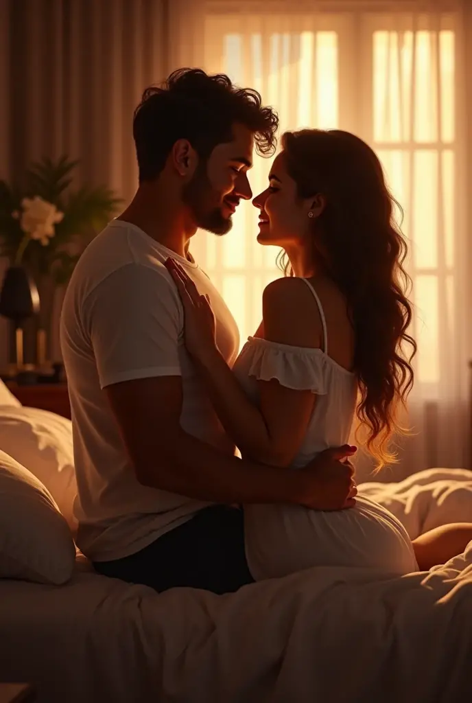 (photorealism:1.2), beautiful couple, sitting on bed, , indoors, soft lighting, plants in background, window with sunlight, cozy room, relaxed pose, realistic, intricate details, warm colors,