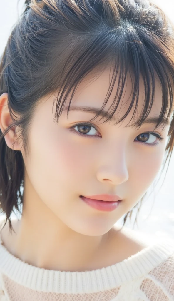 ((スポーツSwimwear:1.3)), Swimwear,A close-up, photorealistic portrait of a young Asian woman with smooth skin, large eyes, and a gentle smile. She is standing in front of a blurred background of hydrangea flowers. High detail, 8k resolution, ultra-detailed, masterpiece. ((Upward glance)), ((angle From above: 1. 3)), From above, Looking into the camera,