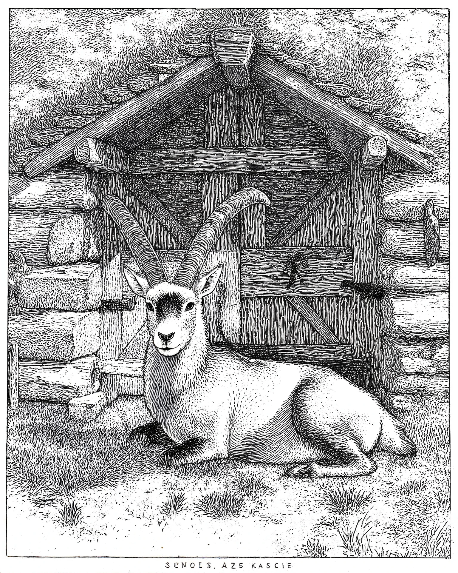 score_9, score_8_haut, score_7_haut, score_6_haut, score_5_haut, score_4_haut,  digital art ,
CASSER
(masterpiece: 1.0), best quality, anatomie parfaite, proportion parfaite, composition parfaite, perfection, 4k resolution, very aesthetic, professional artwork, she is torn, gray scale, monochrome, realistic anatomical drawing, 
CASSER
Highly detailed ink drawing with intricate stippling and cross-hatching, par Apollonia Saintclair.
Dans l'illustration, un bouc de Savoie majestueux repose gracieusement devant la porte d'un chalet de berger en rondins rustique. The cottage built from roughly hewn logs, dégage un charme à la fois robuste, et pittoresque, with subtle details such as grass and stones that add texture to the foreground. The mountain goat, exudes a calm and serene demeanor, repose sur une posture détendue, son corps et regarde de face. Sa fourrure est ornée de meches magnifique, le dessin capture la texture et la douceur de son pelage. The monochrome palette, characterized by a precise layout, offers a very realistic and classical and detailed representation of the scene, that imbues her with an old world, sketched aesthetic. Ce cadre paisible invite à une sensation de sérénité et connexion à la nature, offers a classic and detailed representation of the scene. This mountain goat looks like a Savoy ibex lying in front of the closed door of an old shepherd's cottage {x}. La porte du chalet est faite en vieux bois attaqué par le temps. The building and the door is very rustic and ancient.. 