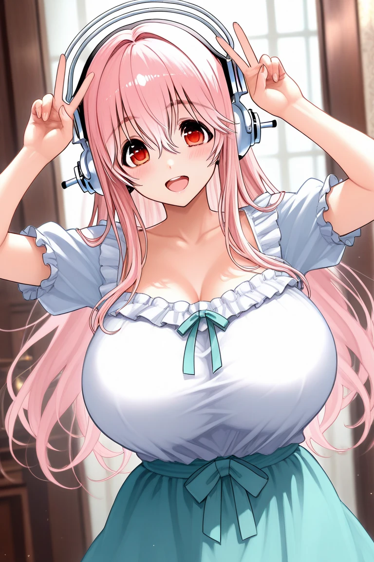 super sonico in a pink and white goth gal dress off shoulder gigantic breasts arms behind back looking at viewer smiling