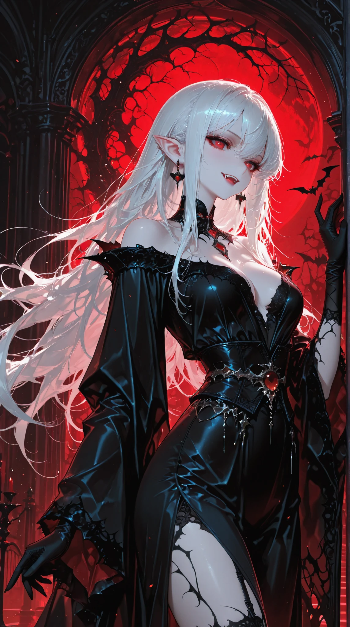 (best quality,highres),dark and mysterious,gothic art style,red and black color palette,dramatic lighting,an eerie garden setting,glimmering moonlight,delicate lace details,detailed engravings on the earrings and piercing,roses and thorns intertwined,female, pale skin, vibrant red lipstick, (white hair, long flowing hair, straight hair), red eyes, vampire, sharp fangs,playful expression,tattoos on her arms and neck,spider web motifs in the background