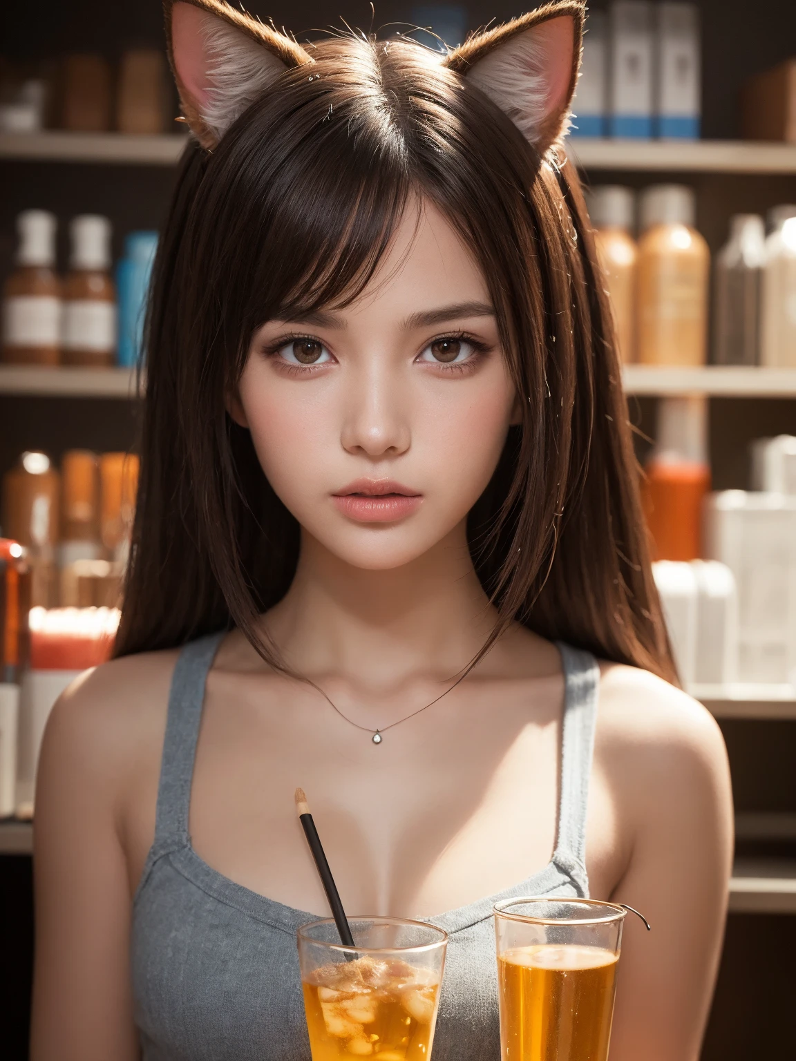 (wearing nothing, nude pubic_hair, age 23:1.45), (masterpiece:1.2), (best quality:1.2), (extremely detailed:1.2), (extremely detailed face), (photorealistic:1.2), (ultra detailed), (Hmong|Filipina|blasian woman:1.2), (Long_straight_hair:1.45), detailed eyes, open mouth, (smile:0.8), (serving drinks in fastfood:1.3), looking at viewer, (skin tanning:1.2), shiny skin, (smiling:1.1), (pink hair:0.8), soft_light