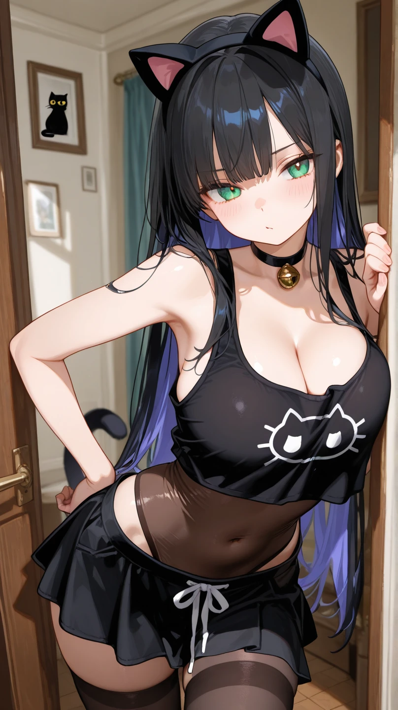 1girl,(((aquacolor cat lingerie))),{{{cat paw globe,cat paws}}},{{{{{thick thighs}}}}},miniskirt,pleated skirt,lifted by tail,cat tail,navel,ass,from side,{slit pupils},twisted torso,cleavage,goldcolor Twintailshair,large breasts,