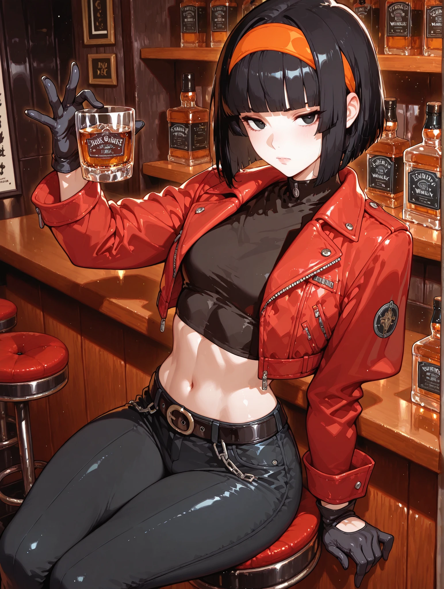 One girl、masterpiece、top quality、uncensored、32k、masterpiece、full five fingers, pan xeno, short hair, bangs, black hair, gloves, navel, jacket, hairband, open clothes, black gloves, midriff, belt, pants, blunt bangs, black eyes, crop top, black shirt, red jacket, cropped jacket, orange hairband,face up,with a soft face,she is sitting a bar stool,background is the bar,she is drinking a cup of whiskey