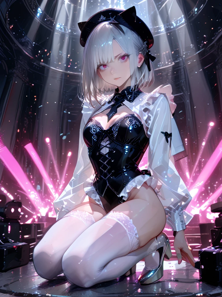 1girl,solo,cowboy shot,standing,(white hair:1.6),(short hair),hair over one eye,ribbon trim, hair ribbon, x hair ornament,(red eyes:1.4),(beautiful fingers:1.4),(perfect anatomy:1.6),(arms_behind_back:1.6),(cold_shoulder:1.2),(gold silk lace glossy lamé kimono:1.6),(latex luster shiny glossy:1.6),(shiny_clothes:1.6),small breasts,(thin thighs:1.6),(gold thigh boots:1.4),(masterpiece),best quality,(Ultra high definition eyes:1.2),8k,(Beautiful detailed eyes:1.2),(Fine and beautiful eyes:1.2),(pretty eyes:1.2),finely detail,extremely CG, absurdres,high resolution,illustration,Detailed and beautiful outlines,finely detail,high resolution,(colorful refraction:1.4,Increase saturation:1.2),beautiful lighting,dynamic lighting,closed room,black background,simple background, smile,looking at viewer,ram1,ram \(re:zero\), white thighhighs, maid headdress, garter straps, black ribbon, long sleeves, neck ribbon, purple ribbon, wide sleeves, hair flower,(white Clear PVC sheets sleeves:1.6),(sheer sleeves:1.6),(see-through sleeves:1.6),(wide sleeves:1.4)