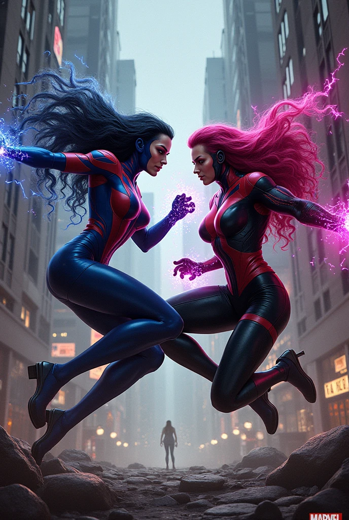 Raven from Teen Titans, in red colors, fighting Superman&#39;s daughter 