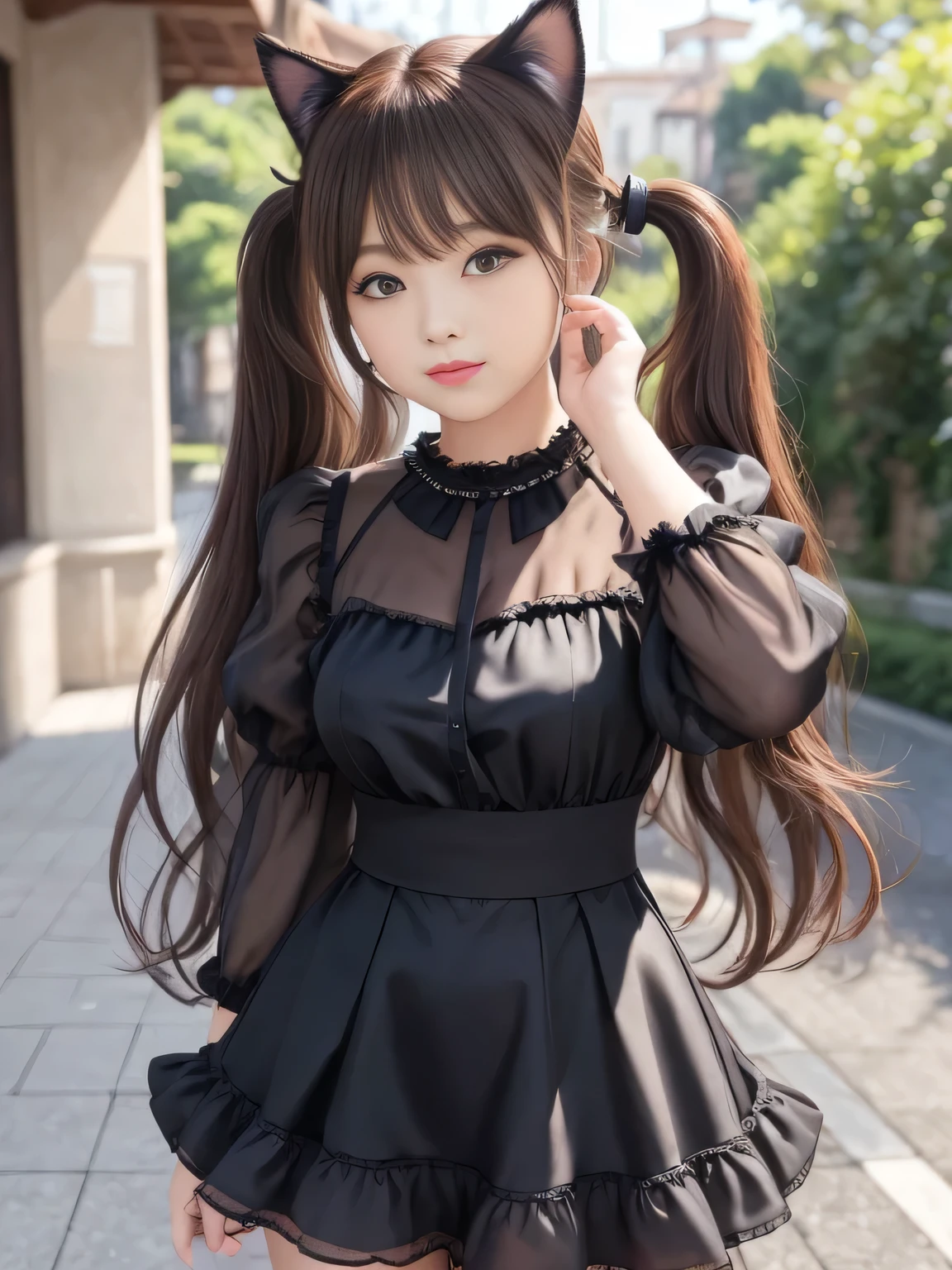 (top quality)、masterpiece、hyperrealism、Great highlights、Cat ears、Kemono cosplay、see-through dress、features a woman with sex appeal、The Girl Is Seductive、 Glossy Brown Hair 、Middle Twin Tails、cute、lips、street fashion、Panchira、Chubby Glowing Thighs、open legs and look embarrassed、amazing beauty、 Taken with X-T4,85mm,blurry background,
