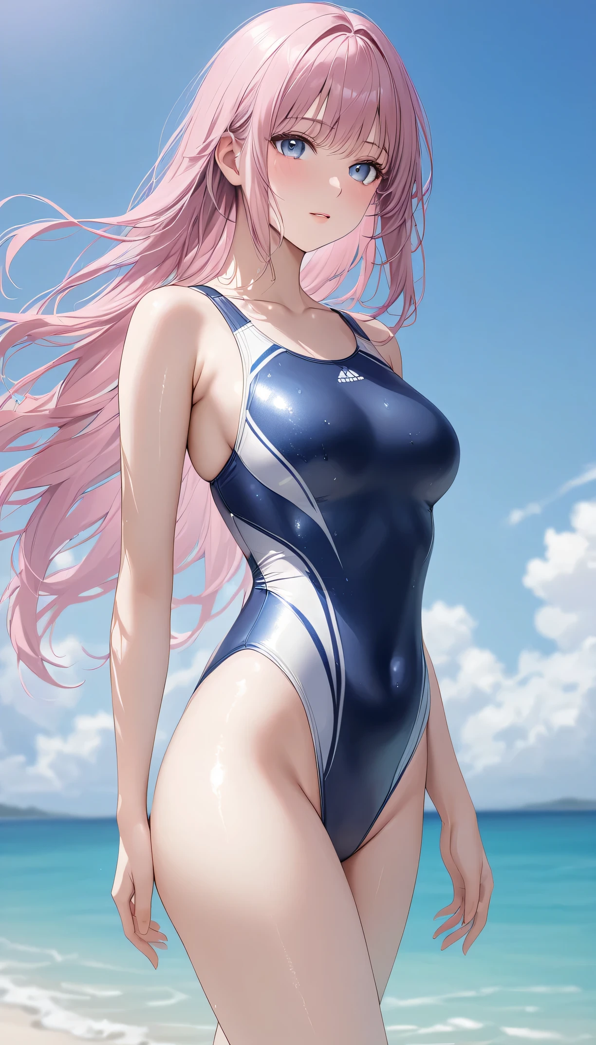 ((mesa, da mais alta qualidade, superdefinição, High definition)), Sozinho, garota linda, olhos brilhantes, olhos perfeitos, 16 anos, Parede azul 、Plano de fundo com, in pink swimsuit