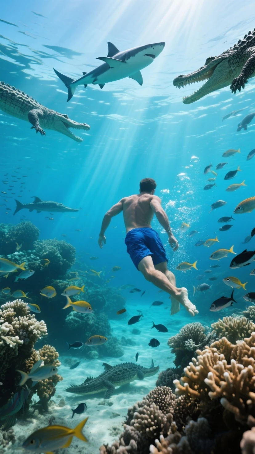 Boy emerging from the water and illuminated by the morning light he is said to still be underwater surrounded by fish, no other persons ,the picture should be from far away and epic