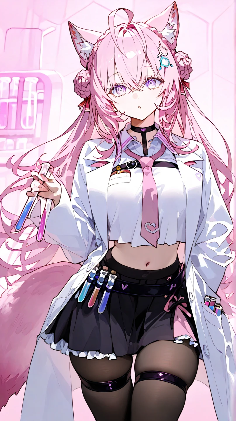1girl、Dynamic composition、((Perspective Lens, A woman with long white and pink hair, Dynamic pose with a cute smiling face, Holding a large, long syringe in both hands)) ((Pure Magenta Background:1.2)),Looks like she's in her early 20s,Shooting in mid-motion,With her long braided hair fluttering. Her outfit reminds me of a nurse in a white coat.,Black and deep pink color palette,And she's casually throwing money around,Be playful.,Super huge、detailed、Heart Injection、
