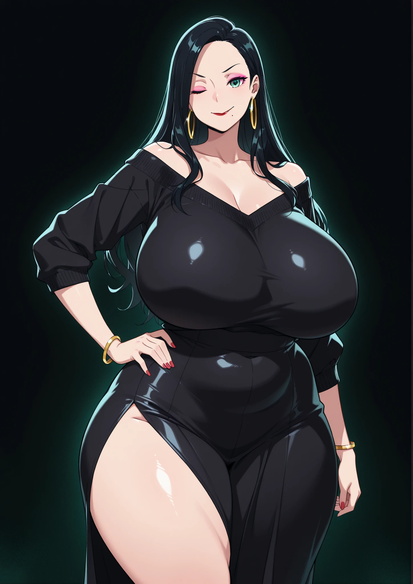 [a handsome, sexy mature woman with a seductive smile and parted lips stands against a white background. darkskin, She has sharp eyelashes, eyes browns, and long black hair with bangs. His figure is voluptuous, with a narrow waist, Broad Hips, and huge breasts. The image has an impact, Genshin-inspired style, rendered in high detail and HDR quality as a stunning work of art.]