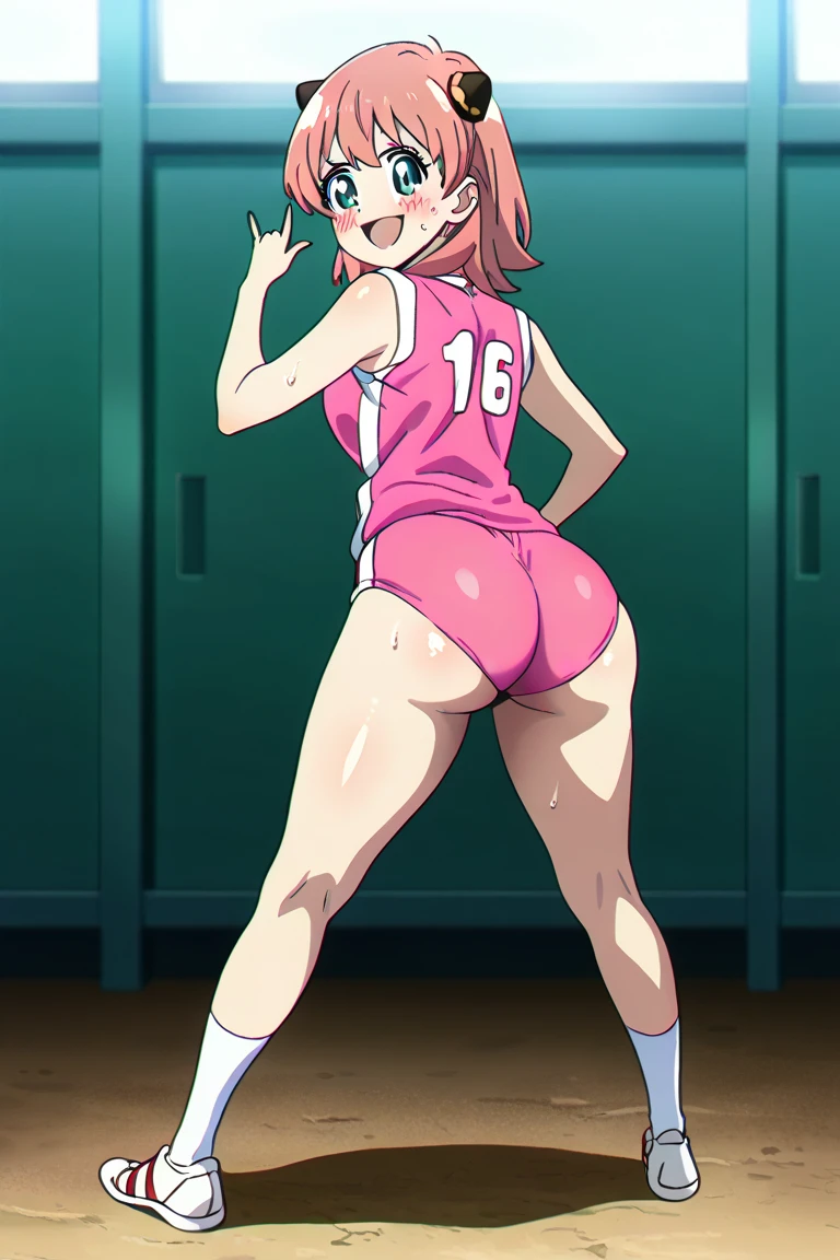 (( 1girl in)), (NSFW)、blush,Pink hair、Parted bangs、Forehead、white forehead protector、green colored eyes、( Red Leotard) ,On stage、flat chest、big butts、((thick thighs))、Sweat、((:D))、Surprised、(Straight hair)、Armpits、Hands behind the head、spreading legs、(White shoulder armor)、Gold decoration、Blue crystal