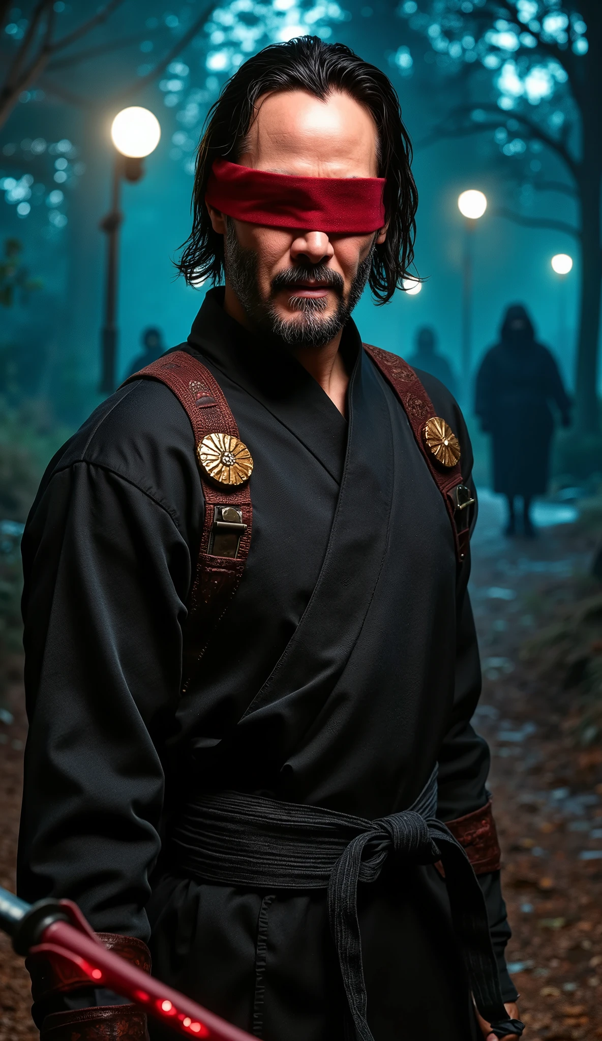 Keanu Reeves por Kenshi. He wears a tactical combat uniform with a Japanese aesthetic: a kimono reinforced with Kevlar, all black with details in blood-red and gold. His belt carries his old sword Sento, wrapped in a subtle red energy. **His eyes are covered by a dark-red band of thick fabric**, tied behind the head. The face bears marks of battle and serenity. Background in neon lights of a forest with ninjas in the dark.