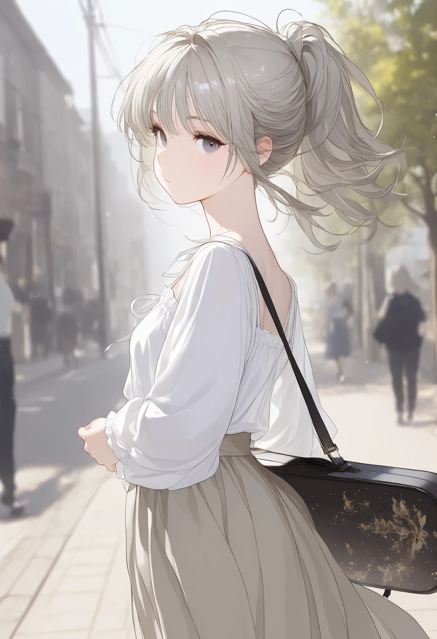 ( masterpiece, top quality, top quality, beautiful and aesthetic:1.2), (1 :1.3), (fractal art:1.3),gray hair、blank stare,ponytail,white blouse over camisole,Walk with a violin case on your back、Long Skirt,Street、street tree,blurry background,turning to the right, giving a direct gaze toward the camera,walking