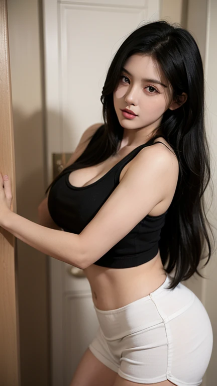 NSFW,((best quality,8 thousand,masterpiece:1.3))),clear focus:1.2,(layer cut,large:1.2),Beautiful woman with perfect body:1.4,slim abs:1.2,Moist body:1.5,Highly detailed face and skin textures,detailed eyes,double eyelid,fascinating 여자,huge breasts,purple eyes,fascinating,long gray hair,High school girls wear uniforms,black skinny shorts,white limbo,Hold your hips straight towards the camera,With fair skin,Grab your ass,Butt is facing you,Look back at you