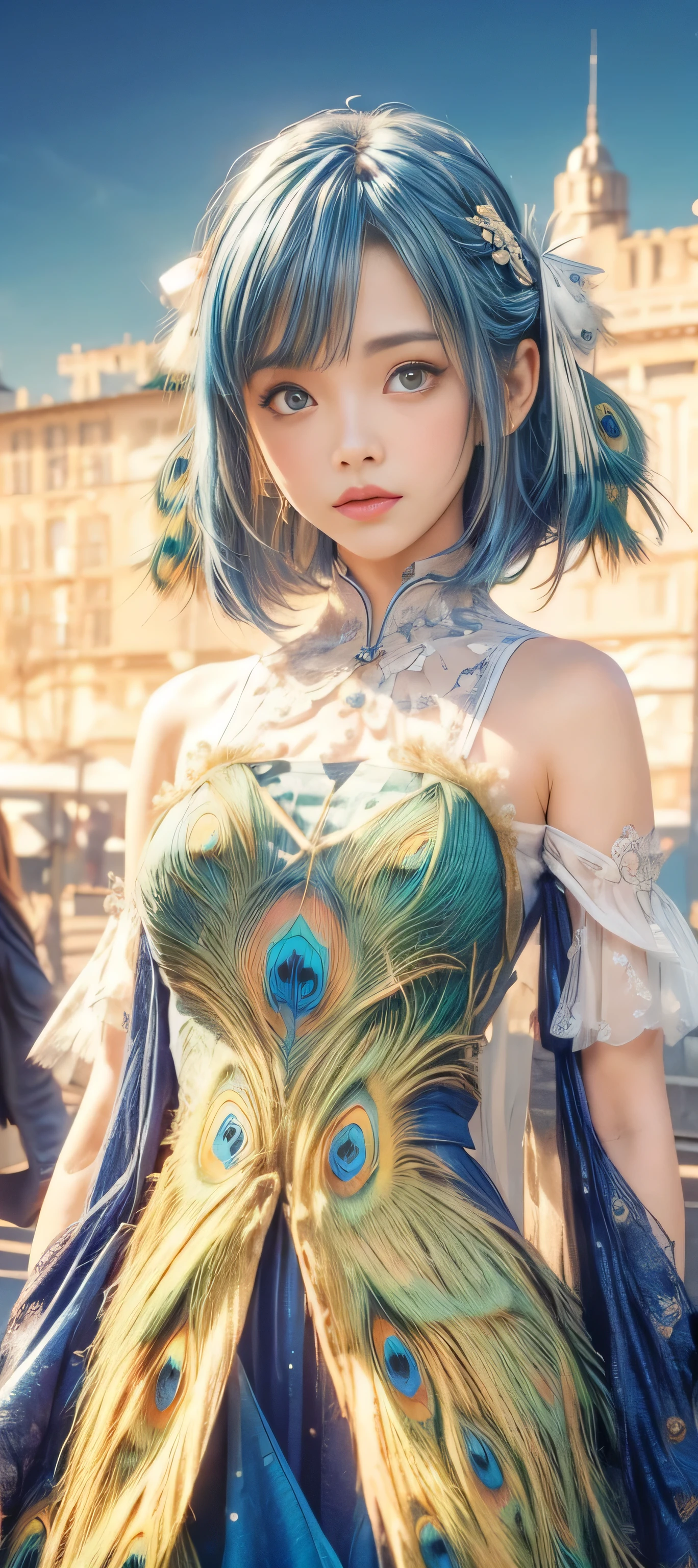 masterpiece, best quality, (realistic,photo-realistic:1.4), (RAW photo:1.2), extremely detailed CG unity 8k wallpaper, delicate and beautiful, amazing, finely detail,official art, absurdres, incredibly absurdres, huge filesize, ultra-detailed, extremely detailed, extremely detailed girl,extremely detailed eyes and face, light on face,(short hair:1.5),(blue hair:1.3),(city background:1.4),nature,medium breast,yuuki asuna,(hair ribbon:1.5),(parted bangs:1.4),(wearing peacock dress:1.5)