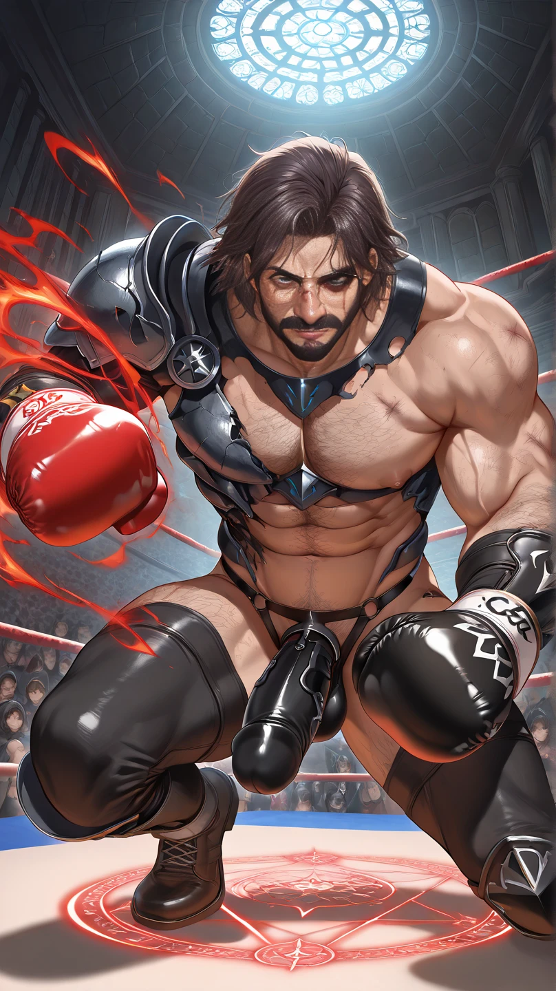 Rugby player,bulk, best quality, anger vein,, facial hair, textured skin. saliva,Handsome、whole body, screaming. naked, Derogatory, Shorts、evil, all body flexing pose.evil.Dark Power.Fangs growing、leather、邪evil、Swallowed in darkness、voluminous muscles、Devil