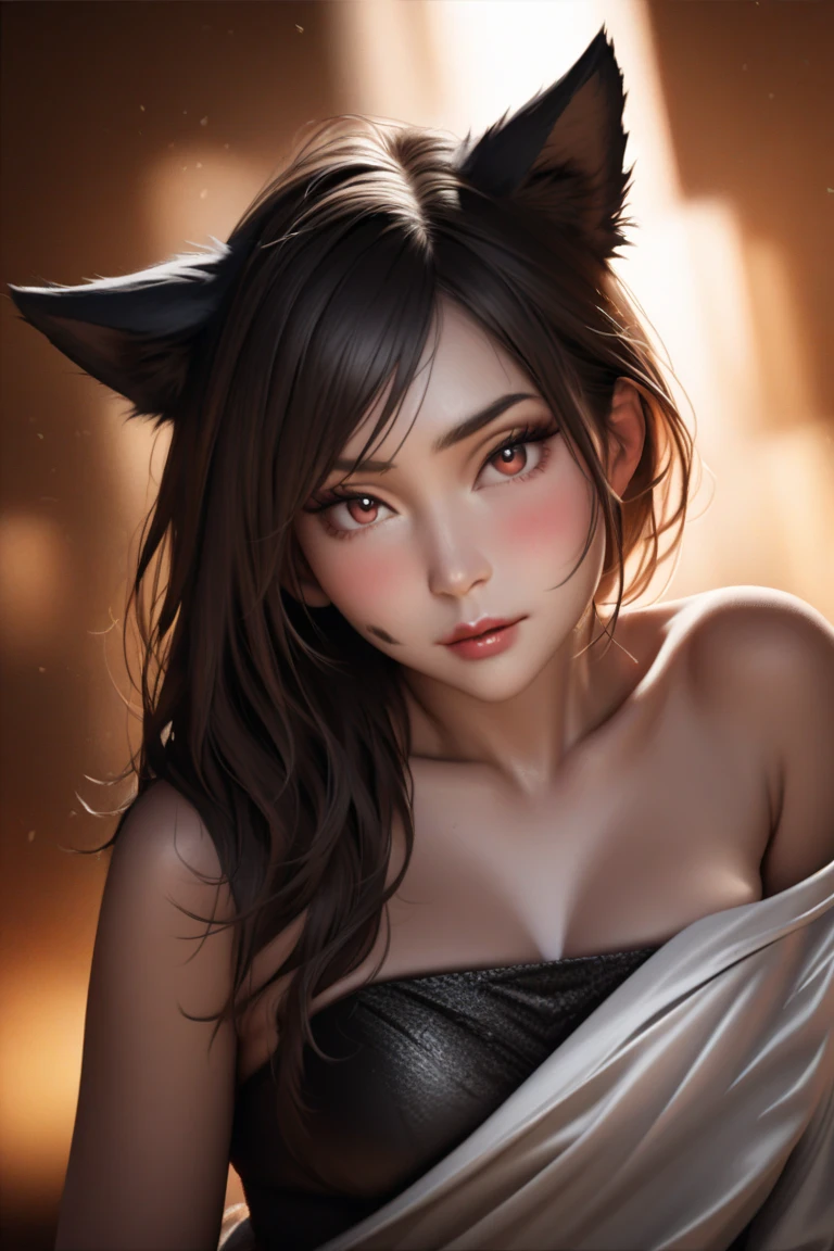 (Cinematic footage, full medium closeup, gorgeous 18-year-old kemonomimi woman soft pale skin, cute and youthful face, well-defined eyebrows, delicate nose, ultra-detailed: 1.1, photo-realistic: 1.4, depth of field, cinematic lighting, IMAX camera, HDR, DTM, Full HD, 8k, flared, medium breasts: 1.5, slim, smile, standing, 8K picture quality, sexy seduction, 4k, 8k, highres, best quality, plump and round lips: 1.4, realistic: 1.37 long, flowing: 1.1 luscious, plump: 1.1 sparkling sequins: 1.1 subtle, 0.9 soft, warm: 1.1 masterpiece: 1.2, realistic: 1.4, photo-realistic: 1.37, ultra-detailed: 1.1 busty animal ears, beautiful, detailed ears: 1.1 best quality, 4k, highres, masterpiece: 1.2 detailed, piercing eyes: 1.1 masterpiece: 1.2 very three-dimensional: 1.2, Unreal Engine 5, octane render), (beautiful ultra-detailed face, eyes, highly detail skin texture, high detailed skin, ultra-detailed body, bright and glowing skin: 1.1)
(Physical Rendering, Professional Lighting, Photon Mapping, Radiosity, Soft Light, Lens Reflection: 1.3)
(best shadow)
(3D: 0.5, realistic: 0.5, photo-realistic: 1.4)
(Sharp focus: 1.5)
(beautiful face, perfect face: 1.1)
(eye makeup: 1.2)
(tight body, fitness body: 1.2)
(highest quality)
(8k, best quality, masterpiece: 1.3)
((masterpiece, best))
(best illustration)
(high detail: 1.1)
(detailed fantasy realm background: 1.3)