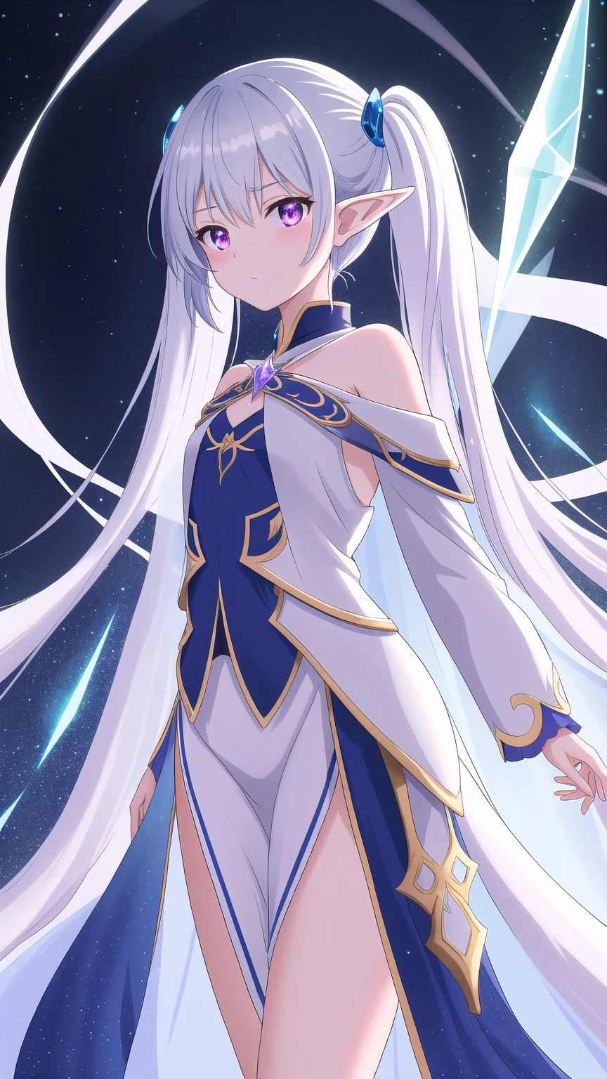 realisti、a girl、 Emilia Li:zero、Crown blade、Flower hair accessories、×Haarschmuck、grey hair、Long hair、purple eyes、Fantasies、Ice magic effect、Enlightenment、Piece flies、smile、mini skirt、white knee socks、