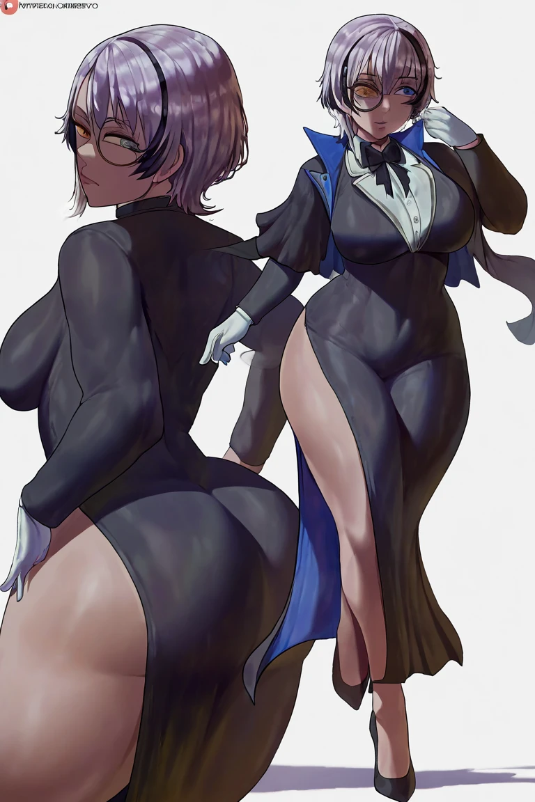 (1girl, solo, alone, (facing back:1.5), Looking back), Glasses,short hair, back hair, black eyes, masterpiece, best quality, absurdres, perfect anatomy, 1girl, solo, Shura, hair ornament, flower, wrist cuffs, ((bunny girl costume, bunny ear, violet swimsuit, pantyhose, playboy bunny, leotard, pantyhose, fake bunny ears, contrapposto)), hands on hips, cowboy shot, indoors, bedroom,