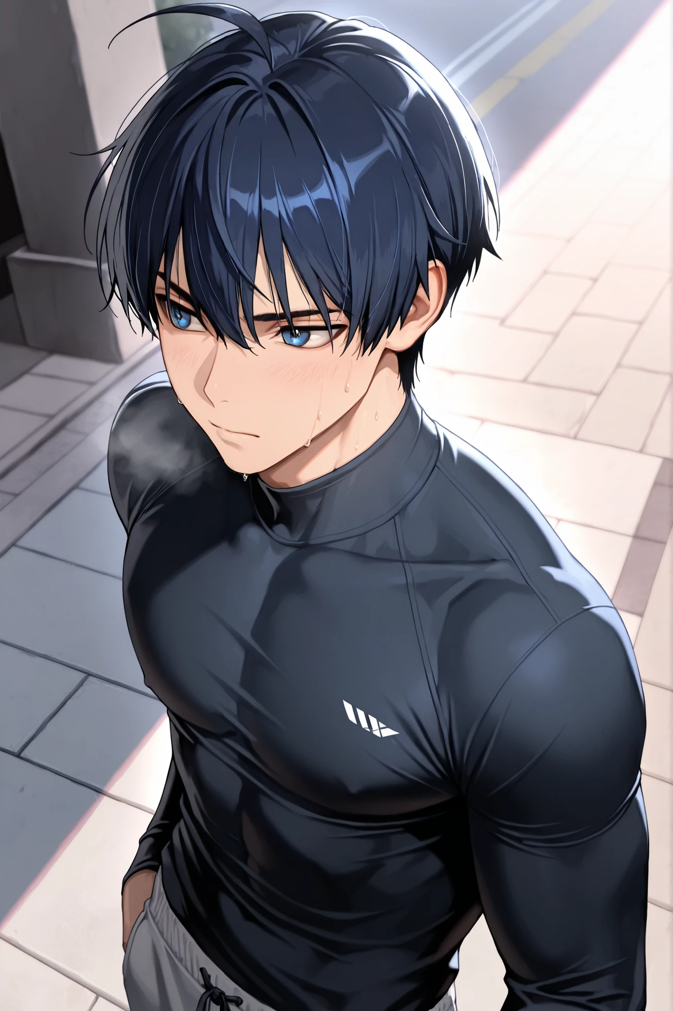 Boy with short purple hair, Boy with purple eyes, Anime boy in swimsuit, onepiece swimsuit, School swim wear, Beautiful anime boy crouching, Cool anime boy squatting, In a one-piece swimsuit, Ecchi anime style, Cool anime boy in a navy blue tanksuit, School Swimwear, Wearing swimwear, Anime boys are squatting, Highleg School Swimwear, high quality colored sketch, Boy in swimsuit, highleg, Bare shoulders, bare legs