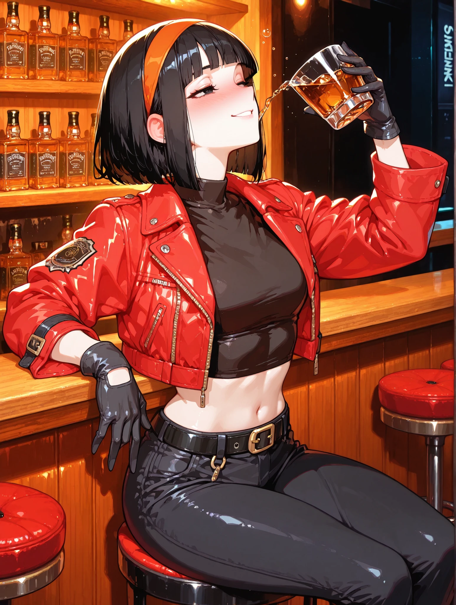 One girl、masterpiece、top quality、32k、masterpiece、full five fingers, short hair, bangs, black hair, gloves, navel, jacket, hairband, open clothes, black gloves, midriff, belt, pants, blunt bangs, black eyes, crop top, black shirt, red jacket, cropped jacket, orange hairband,face up,with a soft smile face ,she is sitting a bar stool,background is the bar,she is drinking a cup of whiskey,she is drunk,turning red in her face