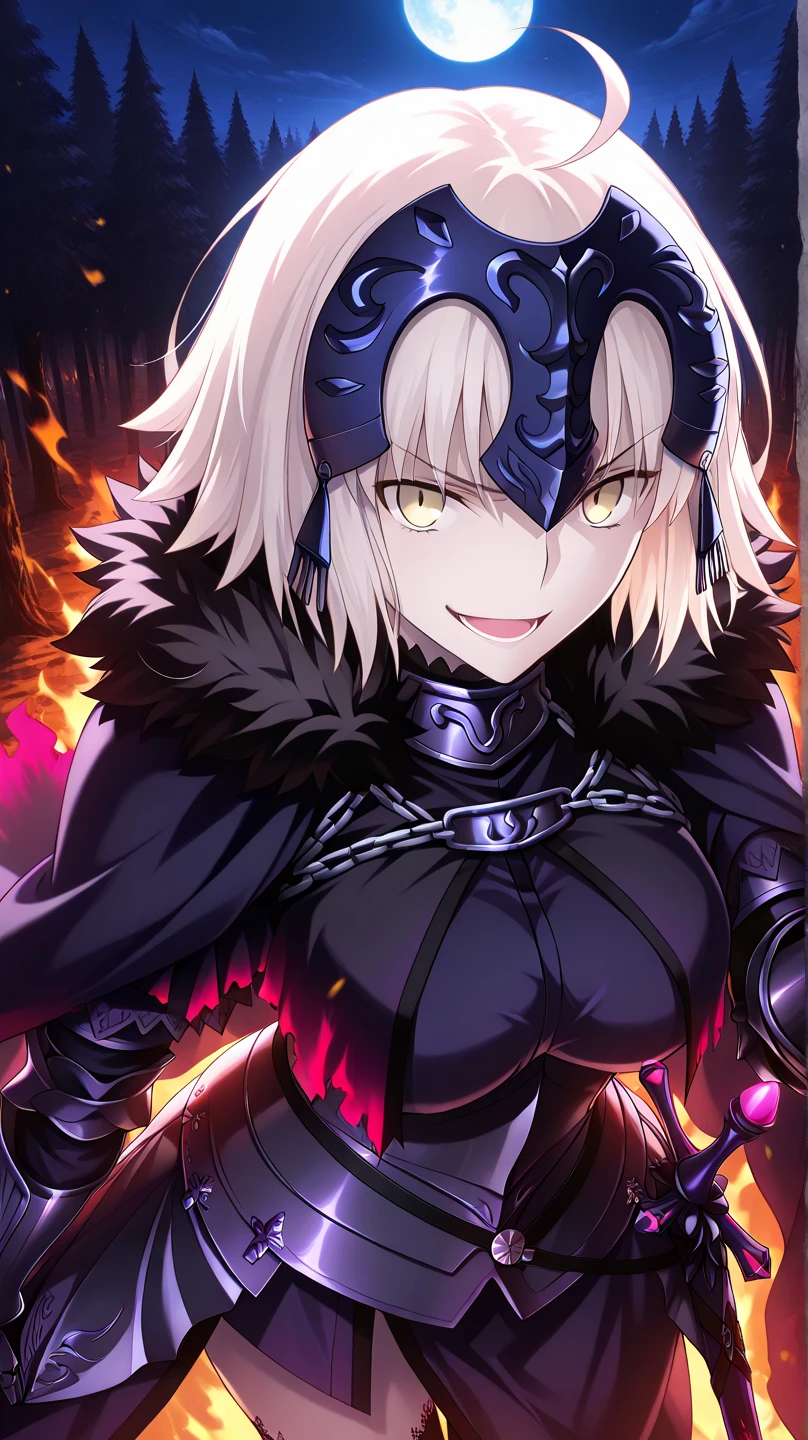 constricted pupils, yandere,  crazy eyes, looking at viewer, head tilt <lora:crazyExpressions_crazyExpressions:1> best quality, (masterpiece), wallpaper, (illustration),1girl, cowboy shot, jeanne d'arc alter (fate), jeanne d'arc alter (avenger) (fate), yellow eyes, solo, weapon, sword, breasts, ahoge, armor, large breasts, gauntlets, headpiece, cape, short hair, black thighhighs, smile, armored dress <lora:jeanneDarcAlterFate_v10:0.6>,     castle in background, torn dress, (angry, screaming,:1.3)