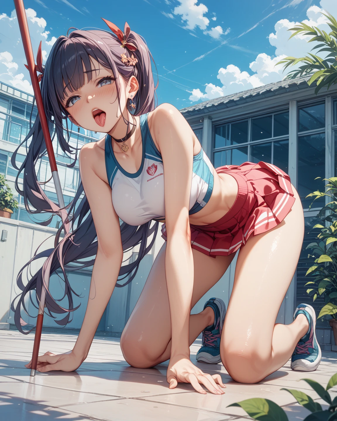 (Best quality, 8k, 32k, Masterpiece, UHD,:1.2),RAW, 1girl,ultra cute , natural lighting,transparent shining eyes, 20yo,medium breast ,fair complexion ,flushed face, Brown hair、Small twin tails、The long-haired、Ass.((Track and field uniform))、Pink bloomers、a park、、Pink Panties、perfect bodies、Soio、A smile、Gymnastics、