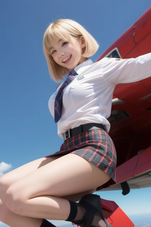 Blonde high school girl flying in very beautiful and wide blue sky、huge tit、Wearing a school uniform、Can fly、a smile、One of the socks is taken off.
