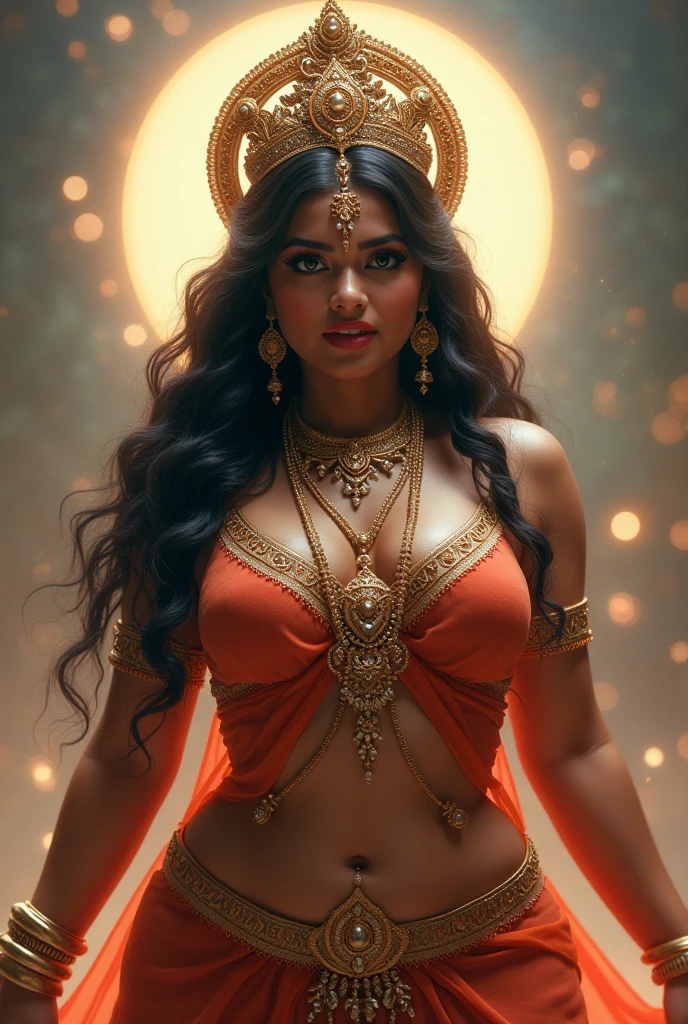 Tamil woman demon, floating in the air, (background:1.6 night sky, moon), (ultra detailed: seductive face, eyes, nose, ears, lips curves, skin, body parts), (wearing:1.6 golden strapless bra, golden full length skirt, slippers), (((red eyes))), eyes symmetry, face symmetry, look at viewer, UHD, 64K, masterpiece, high quality, (((full body shot from bottom)))