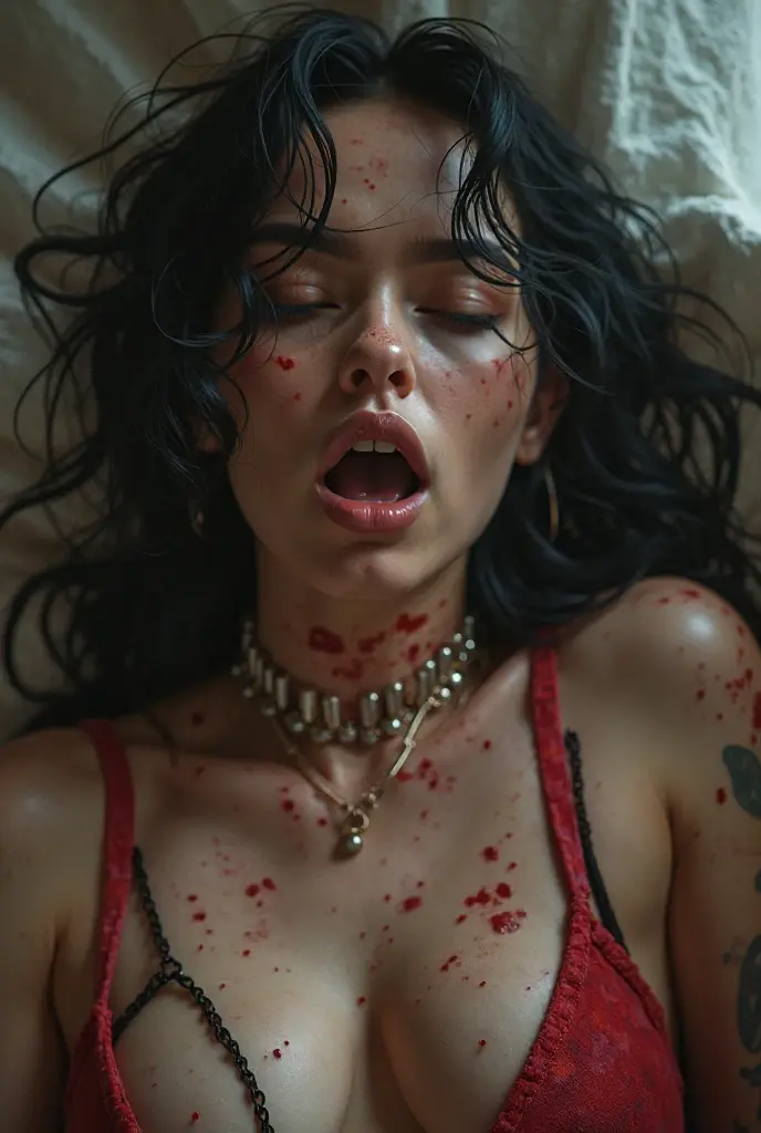 They are in a cozy bedroom, Her Full body is shown on a bed with a man as she is on top of him biting into his penis with her sharp fangs, realistic blood, perfect eyes, Perfect anatomy, realistic, gore, realistic skin and flesh, she is a vampire who feeds on innocent men, she is a virgin killer, she is biting deep and hard into his penis with her sharp vampire fangs, blood is dripping from his penis, she is trying to bite his penis off so that she can eat it, she has very sharp vampire fangs, she has a perfect athletic body, she is skinny with small perky boobs, she has abs and defined muscles, her skinny body is perfectly proportioned, she has a crazy look in her eyes, she is a sexy sadistic sex addict , a sexy tight dress with Long black stockings, she also is wearing black high heels with red bottoms, there is blood everywhere as she is biting into his penis with her sharp fangs. She has a perfect face, perfect eyes, and perfect bone structure, she has a skinny body with defined abs and muscle