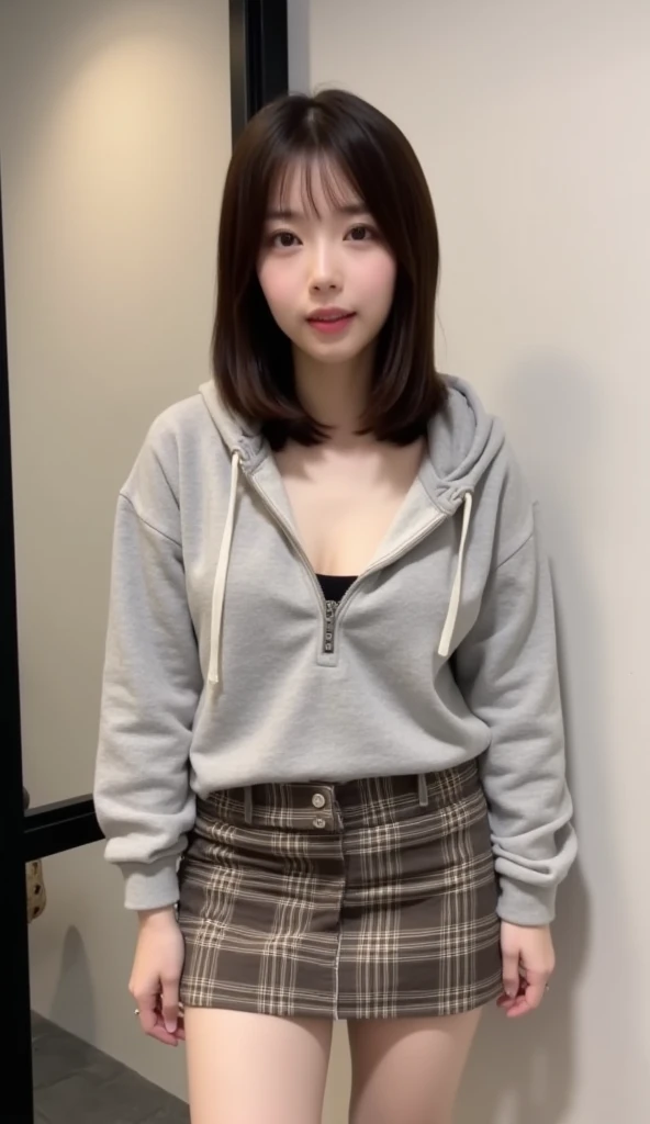 Masterpiece、8k、Very realistic、Japanese、One person、woman、Skinny athletic model body、Flat Chest、tall、whole body、50 years old、(Hairstyle:Bangs(1.6))、In your room at home、The best smile、clothing:Wearing a black camisole, a grey hoodie, and a skirt even shorter than mini length.、