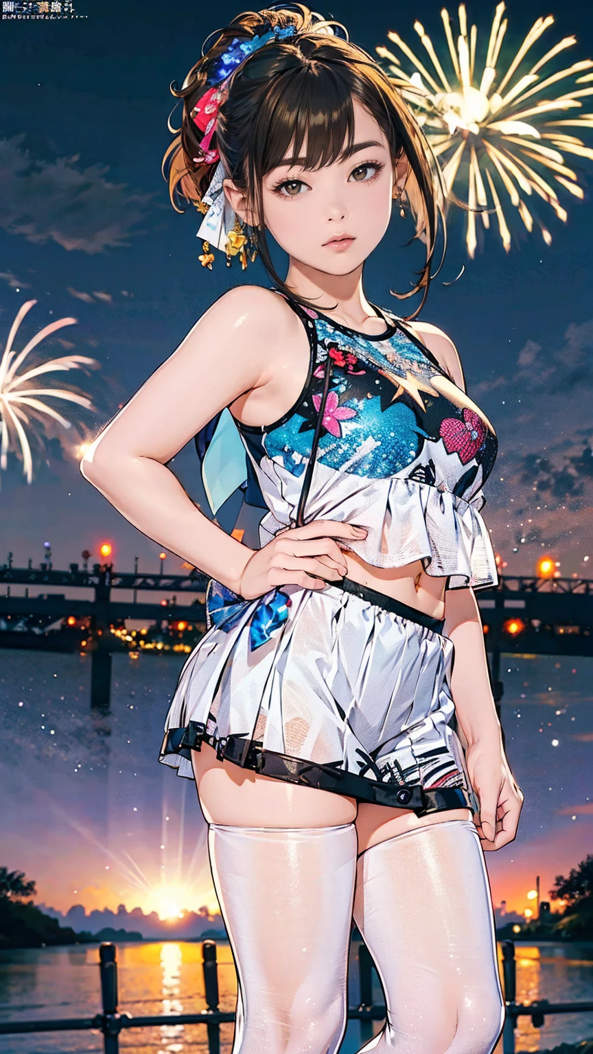 (((masterpiece))、(((top-quality))、((extremely delicate and beautiful))、(Highly detailed CG Unity 8K wallpapers:1.3)、very delicate light、(Back lighting)、(steampunc)、 /=、 (((cowboy body))、(1loli:1.3)、独奏、(小柄)、(small tits)、Yellow swimsuit、High Waist Shorts、Vermilion hair、red eyes、耳环、(Wavy Curly Shorthair)、(Ahoge)、(Cute face:1.114)、(finely eye:1.15)、(cute face:1.114) 、(Beautiful fine eyes and beautiful face:1.15)、 Girl with a smile、Look happy in a beautiful tropical landscape。Fireworks set off behind her、Fireworks shine、It creates a dreamy atmosphere。In the distance、Palm trees swaying in the breeze、sand beach、the beach、mare、Horizon, etc.、It creates a laid-back retro atmosphere。 Highly detailed ray tracing