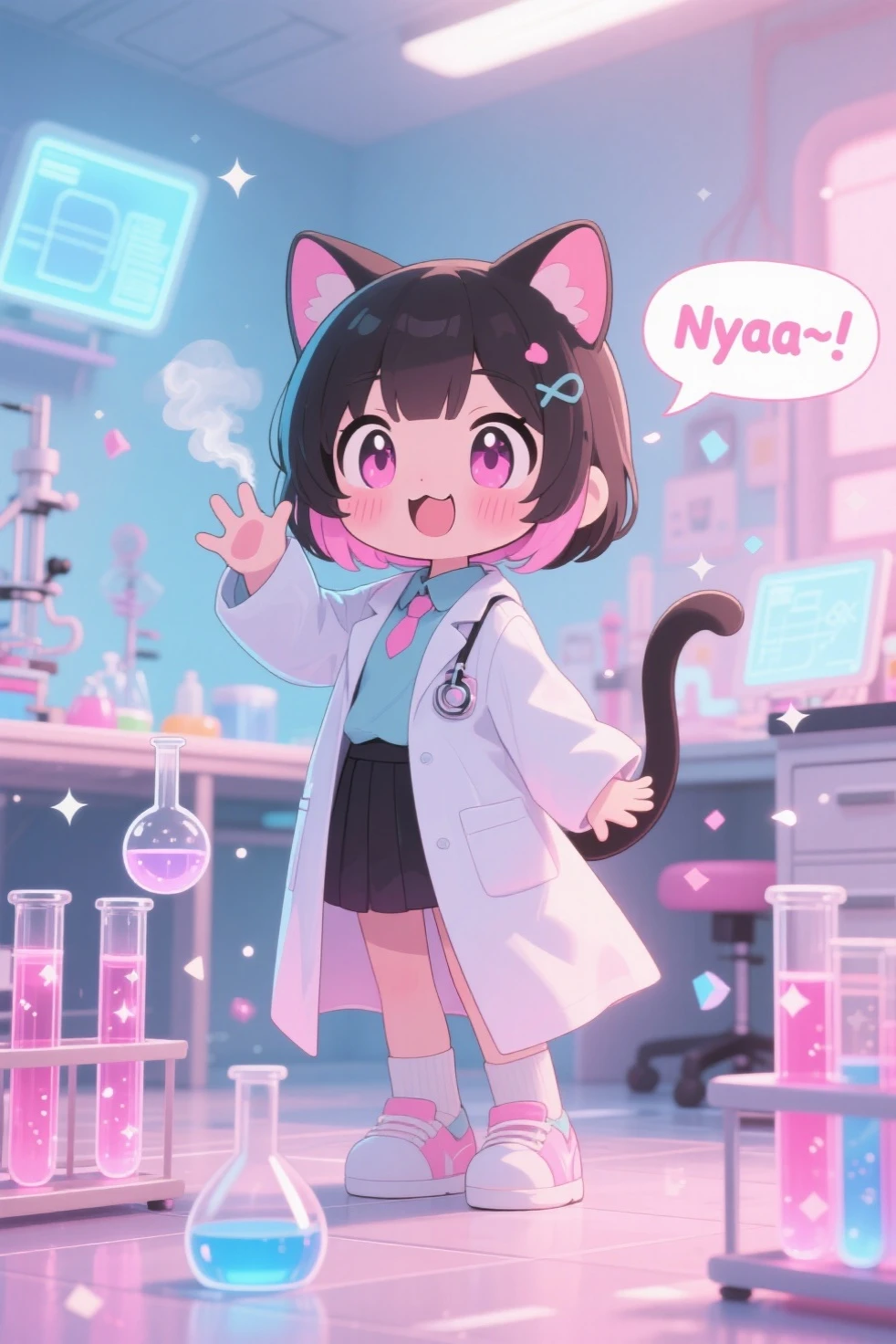 chibi anime girl with cat ears, oversized lab coat dragging on the floor, standing in a colorful science lab, test tubes glowing pink and blue, sparkles floating around, one paw raised playfully, excited expression, big shiny eyes, pink cheeks, tiny fangs showing, cat tail swishing happily, steam rising from flasks, floating holographic screens, cute "Nyaa~" speech bubble, soft pastel color palette, ultra kawaii style, high detail, warm lighting