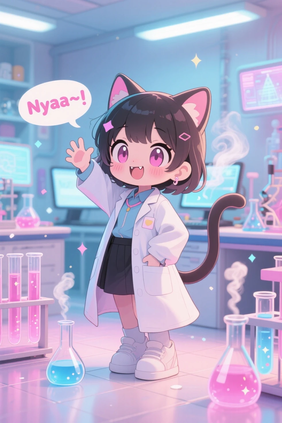 chibi anime girl with cat ears, oversized lab coat dragging on the floor, standing in a colorful science lab, test tubes glowing pink and blue, sparkles floating around, one paw raised playfully, excited expression, big shiny eyes, pink cheeks, tiny fangs showing, cat tail swishing happily, steam rising from flasks, floating holographic screens, cute "Nyaa~" speech bubble, soft pastel color palette, ultra kawaii style, high detail, warm lighting