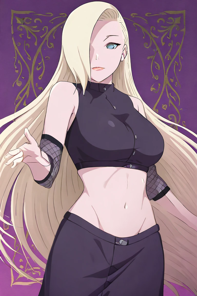 masterpiece, best quality, ultra-high-detailed,erection under clothes, 1girl,  yamanaka ino, hair over one eye, ponytail, hairclip, crop top, sleeveless, skirt, fishnets, earrings, midriff