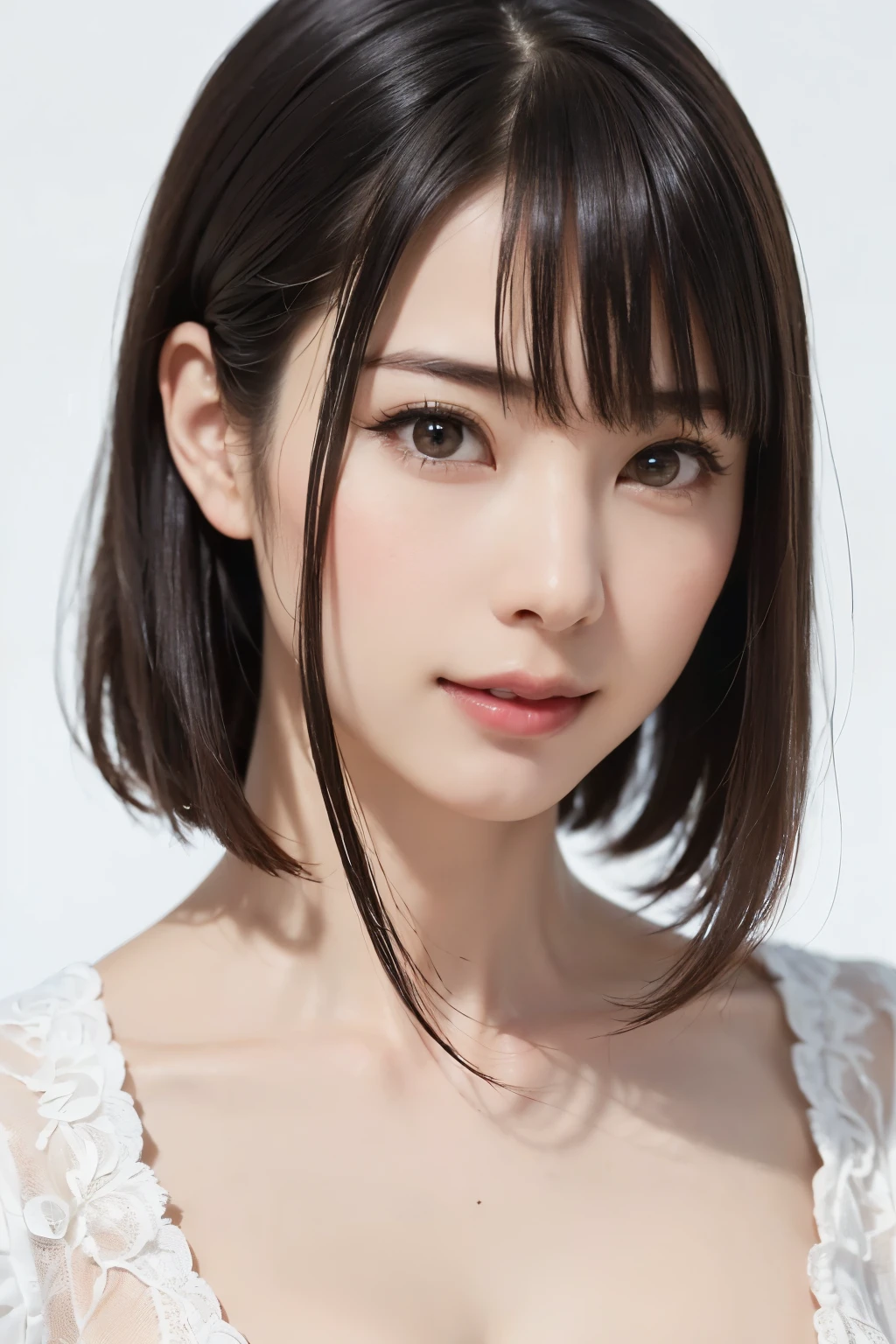 1 girl, alone, Shiny skin, chest, very detaileded, ultra detaileded, Ultra-high resolution, whole body, (Photorealism:1.4), (highest quality), (Best Shadow), Ulzzang-6500, detailed, Perfect lighting, Black Hair, ((Showpiece, highest quality, High precision)), One Girl, (big chest, Realistic: 1.4), (look up at the camera even a little, カメラをlook up, look up, look up at the camera, Looking into the camera))), alone, , White Background, snow-White Background, shut up., smile, pretty Black Hair, short hair, Big eyes, Transparent double eyelids, eyelash, listen, Long neck, Long neck, Absolute area, ((Face close-up, short hair with bangs)), 19 years old, Attractive proportions, Shiny skin, Beautiful clavicle, Golden ratio face, Perfect Face, Teardrop-shaped mole, chestのほくろ, bangs, clean bangs, beautiful bangs, Lip gloss, Thin lips, White skin, I took off my clothes, big chest, Small face, Small face, 少し上を向いてLooking into the camera, ((smile a little for the camera, really nothing pure White Background, very big big chest, big chest))