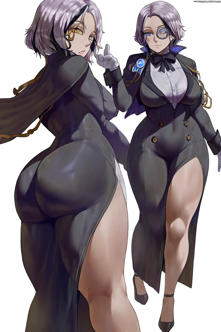 2girls, dark-skinned females, dark-skinned female, female, dark body, dark skin, large breasts, breasts, wide hips, white hair, black hair, long hair, yellow eyes, futuristic, science-fiction, tech, pantyhose, black pantyhose, bodysuit, black bodysuit, white trim, smile, smirk, smug, full body, ((full body))