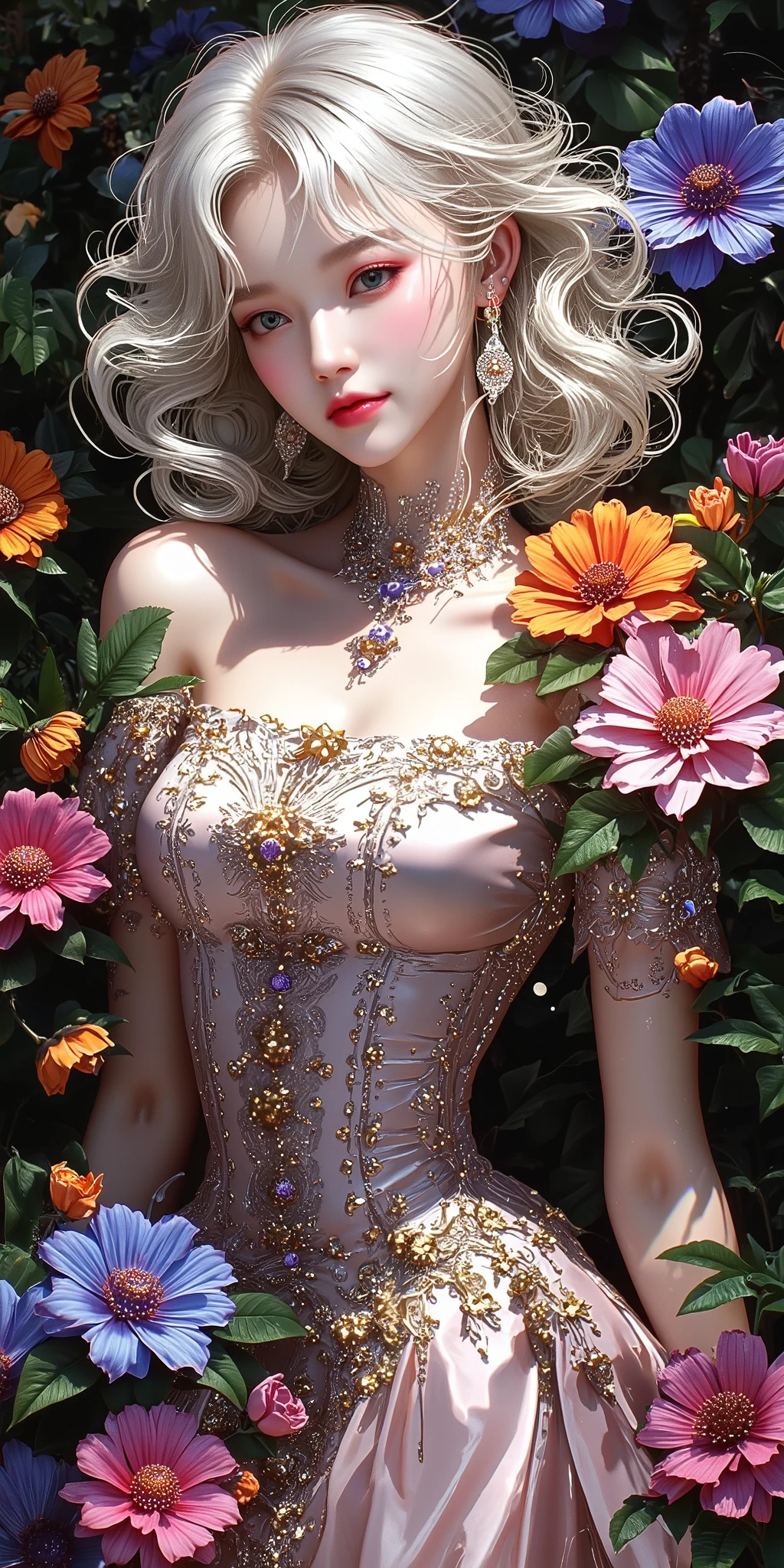1girl, ponytail ,white hair, purple eyes, (dress:1.3), medium breasts, collarbone, flowers and petals, (illustration:1.1), (perfect details:1.1), landscape, background, rose, abstract,